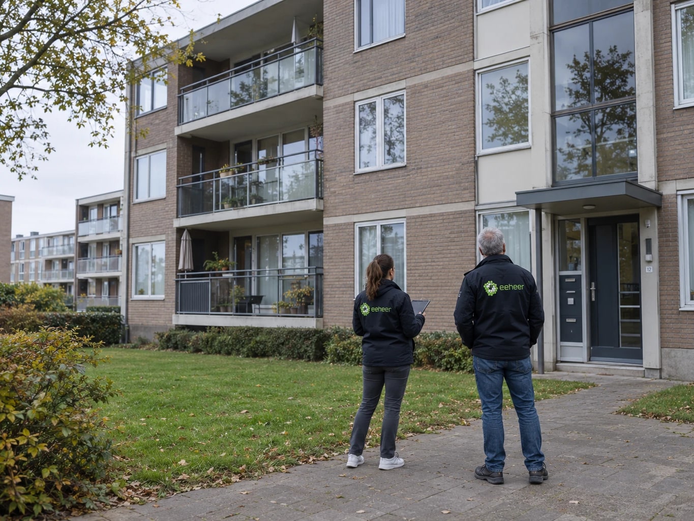 Twee inspecteurs in Beeheer-jas bekijken de gevel van een appartementencomplex, met een tablet waarop de gebreken op de geveltekening worden vastgelegd